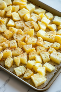 This image shows diced potatoes spread evenly across a baking sheet, ready for roasting in the oven.