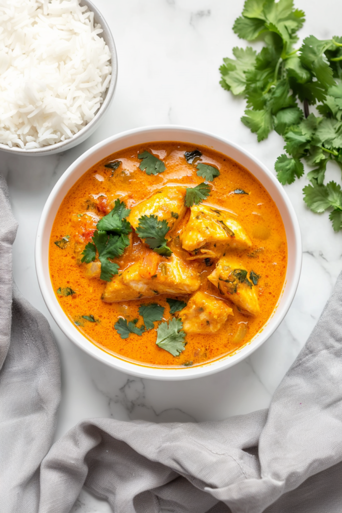 This image shows a beautifully plated Kerala Fish Curry, garnished with fresh cilantro and a drizzle of coconut milk. The fish is tender and infused with spices, and the vibrant orange curry glows under soft lighting, ready to be enjoyed with rice or appam.