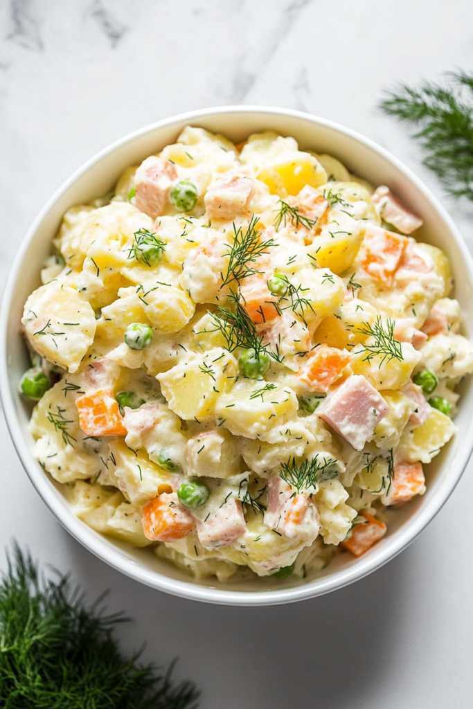 This image shows a beautifully plated serving of Olivye Ukrainian Potato Salad, garnished with fresh dill, ready to be enjoyed chilled or at room temperature.