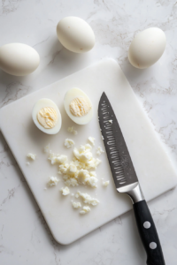 This image shows hard-boiled eggs being chopped into small pieces, ready to be mixed into the potato salad for extra creaminess and flavor.