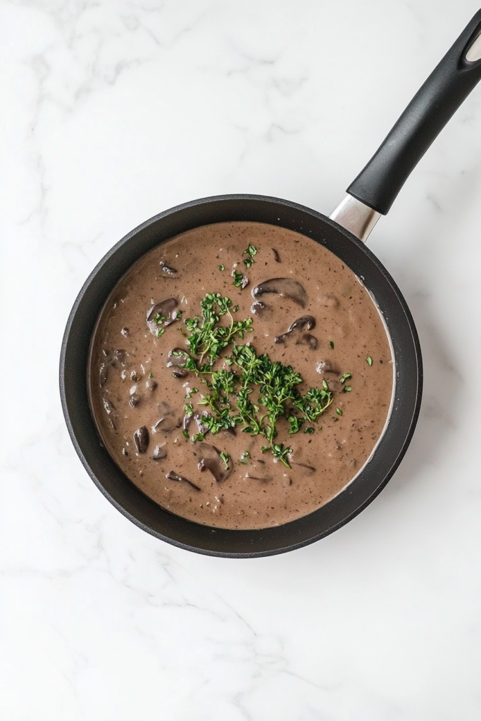 fresh-thyme-and-parsley-added-to-vegan-mushroom-stroganoff-in-black-skillet-on-marble-6810176-683x1024