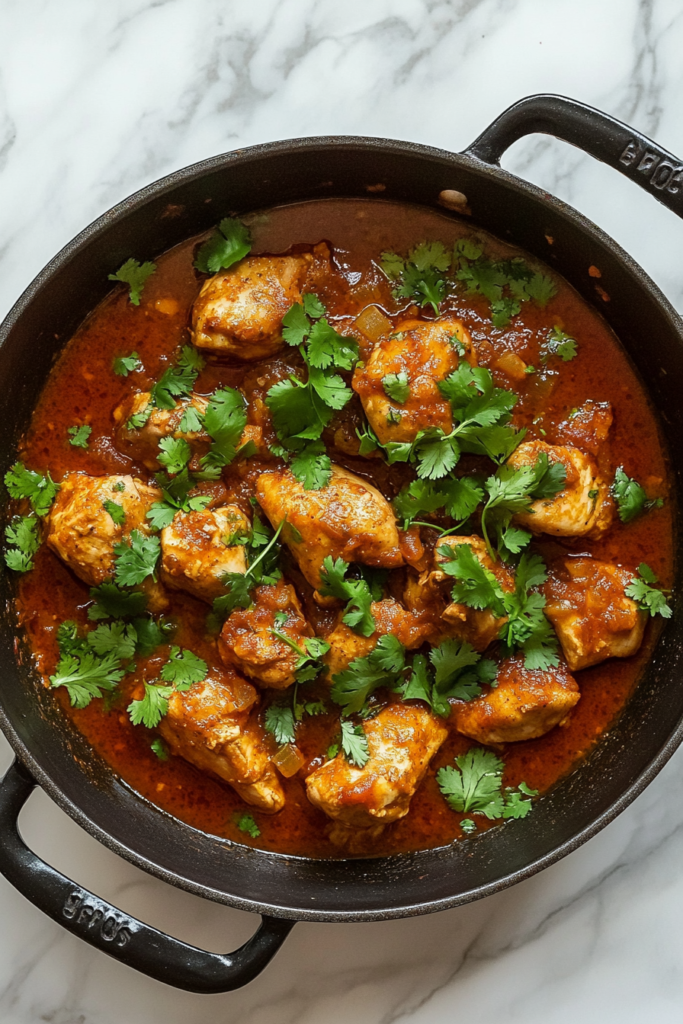 This image shows the final Chicken Karahi dish garnished with fresh cilantro and a sprinkle of garam masala. The dish rests for a few minutes, allowing the flavors to deepen before serving.