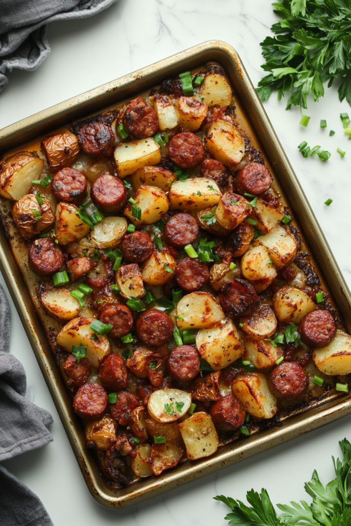 This image shows a beautifully plated dish of roasted potatoes and kielbasa, garnished with fresh chopped cilantro, ready to serve.*