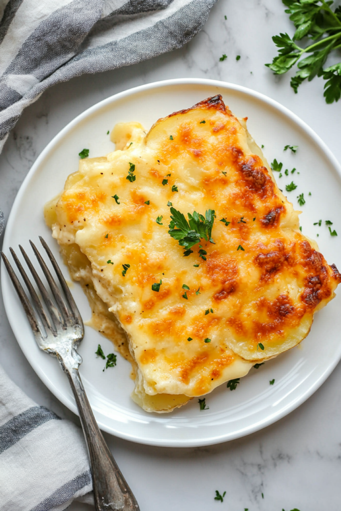 This image shows a perfectly baked dish of Au Gratin Potatoes with a crispy, golden cheese crust, ready to be served in warm, cheesy portions.
