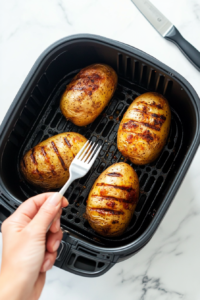 This image shows potatoes being flipped midway through cooking to ensure an evenly crisped skin and perfectly fluffy inside.