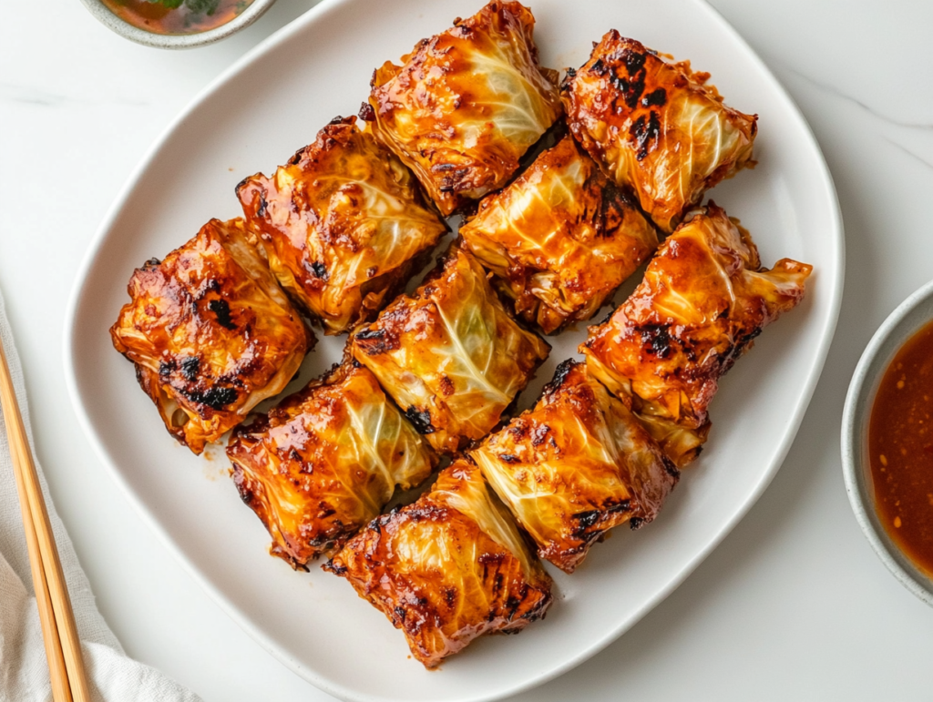 grilled-cabbage-rolls-arranged-on-white-round-plate