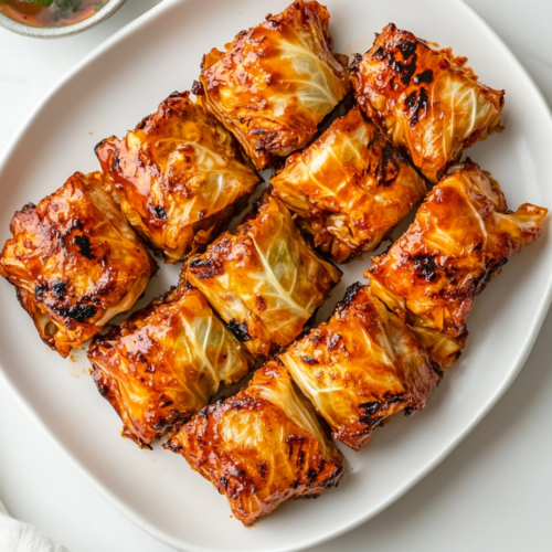 grilled-cabbage-rolls-arranged-on-white-round-plate