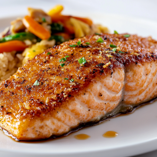 This image shows a perfectly seared Hibachi Salmon slice on a round white plate, coated in a savory glaze made of soy sauce, cooking wine, lemon juice, and black pepper. The sauce glistens on the surface, highlighting the rich flavors of the dish.