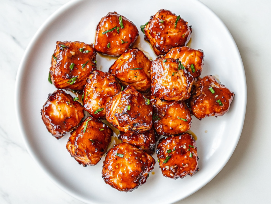 This image shows honey garlic salmon bites beautifully glazed in a rich, tangy sauce and topped with freshly chopped cilantro, served on a round white plate.