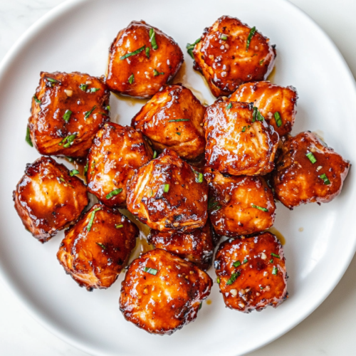 This image shows honey garlic salmon bites beautifully glazed in a rich, tangy sauce and topped with freshly chopped cilantro, served on a round white plate.