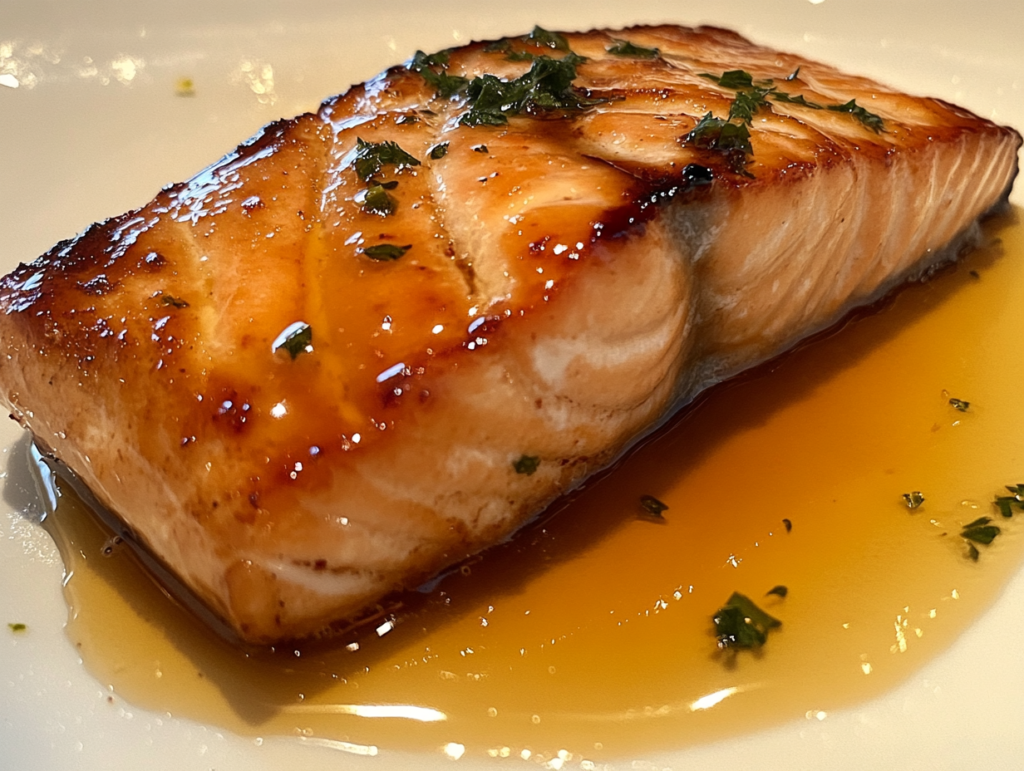 This image shows a beautifully smoked salmon fillet glistening with a honey-water glaze, creating a rich, caramelized surface with deep smoky flavors.
