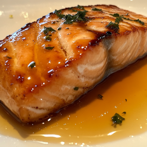 This image shows a beautifully smoked salmon fillet glistening with a honey-water glaze, creating a rich, caramelized surface with deep smoky flavors.