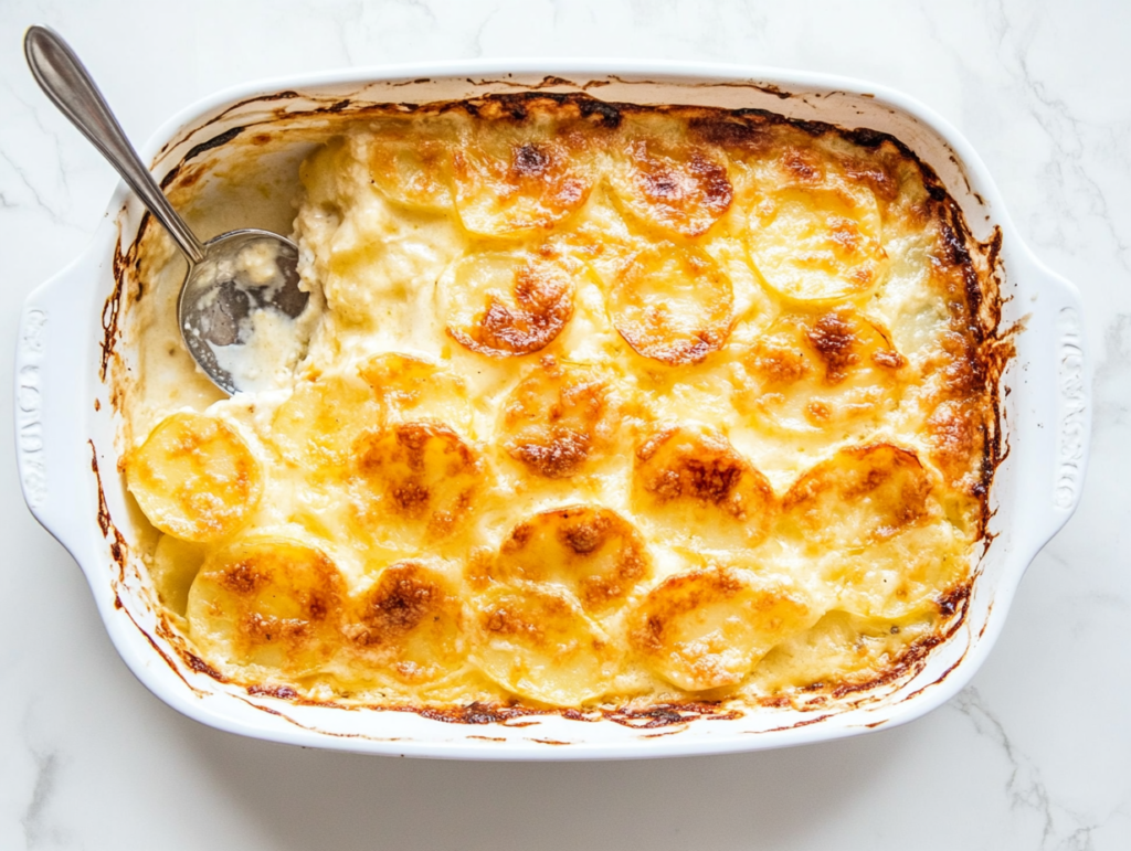 This image shows a casserole dish being greased and prepped, ensuring a perfectly even, non-stick base for layering the potatoes.