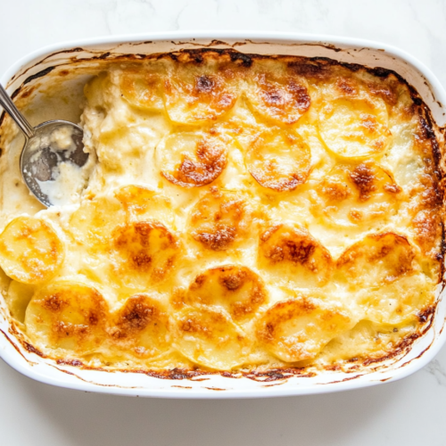 This image shows a casserole dish being greased and prepped, ensuring a perfectly even, non-stick base for layering the potatoes.