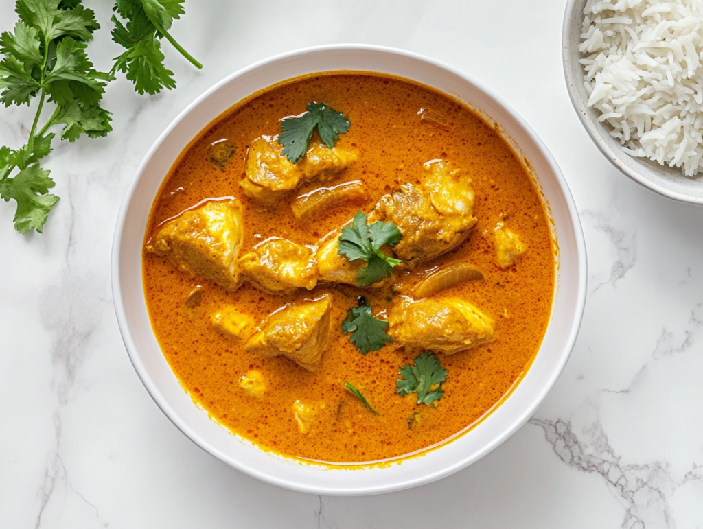 This image shows a bowl of Kerala Fish Curry with a rich, orange-hued gravy, tender fish pieces, and a garnish of freshly chopped cilantro. The dish is steaming hot, with the deep colors of the curry contrasting beautifully against the white serving bowl.