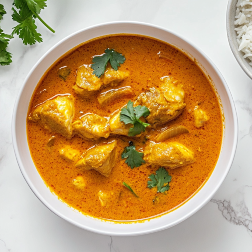 This image shows a bowl of Kerala Fish Curry with a rich, orange-hued gravy, tender fish pieces, and a garnish of freshly chopped cilantro. The dish is steaming hot, with the deep colors of the curry contrasting beautifully against the white serving bowl.