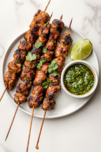 This image shows freshly cooked Chicken Seekh Kababs resting on a plate, allowing the juices to redistribute for maximum tenderness. The smoky aroma fills the air, making them irresistible before serving.
