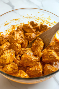 This image shows boneless chicken pieces coated in a rich marinade of yogurt, red chili powder, turmeric, and spices. The vibrant red-orange color promises a bold and spicy flavor, essential for Chicken 65 Biryani.
