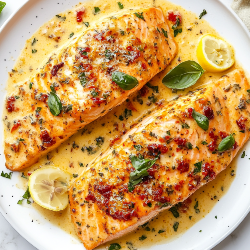 This image shows a beautifully plated Marry Me Salmon with a golden-browned exterior, coated in a rich, creamy garlic and sun-dried tomato sauce. Fresh basil leaves are sprinkled on top, and half-cut lemons are placed on the side for a vibrant, citrusy contrast.