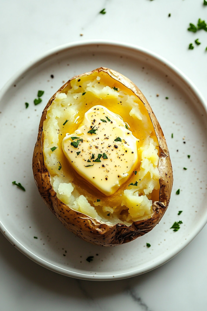 This image shows a hot baked potato with melted butter and fresh herbs, making for a comforting, flavorful dish.