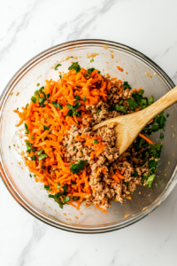This image shows a bowl filled with ground chicken, finely chopped herbs, and warm spices being mixed thoroughly. The ingredients come together to form a flavorful, well-balanced kebab mixture.
