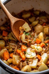 This image shows the lid being lifted off the Instant Pot, revealing perfectly cooked potatoes and carrots inside.