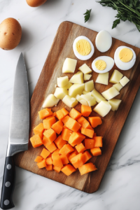This image shows diced potatoes, carrots, and eggs on a cutting board, cut into small uniform pieces for the classic texture of Olivye salad.
