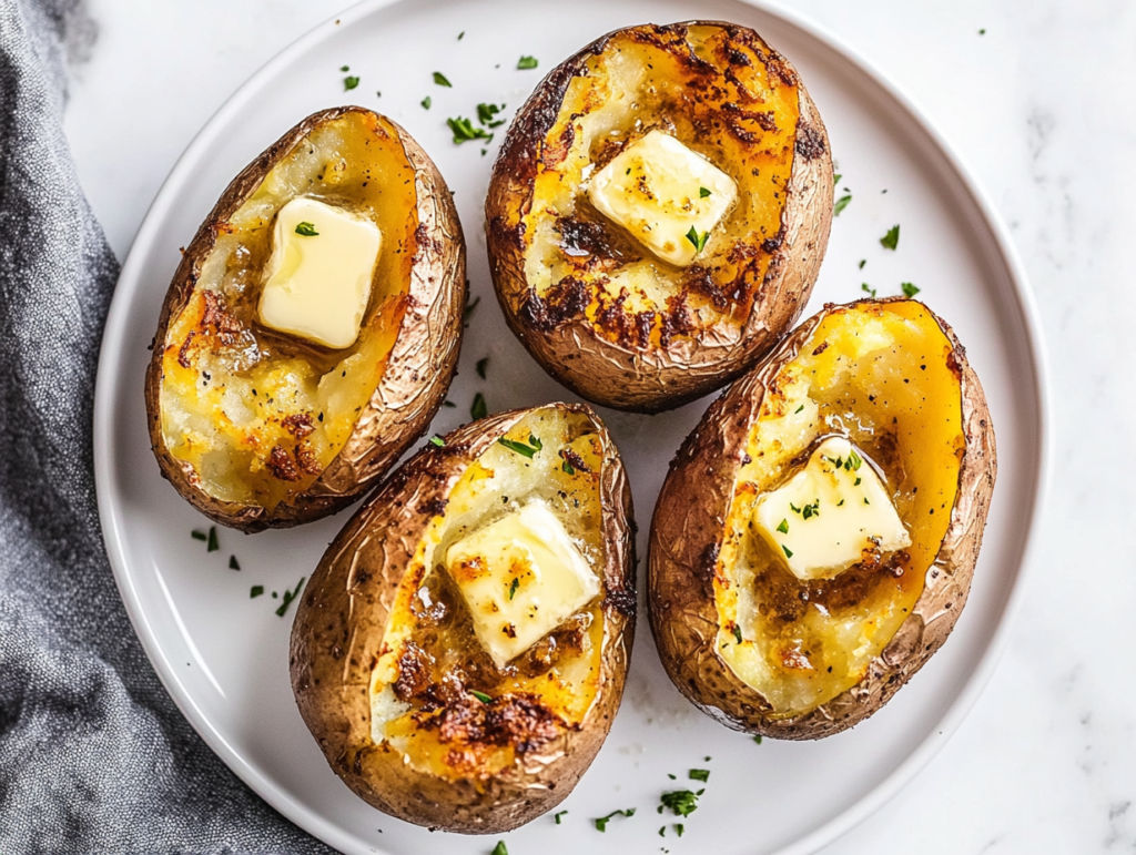 This image shows golden-brown, half-cut air fryer baked potatoes with crispy skin, topped with melting butter and fresh herbs, ready to be served.