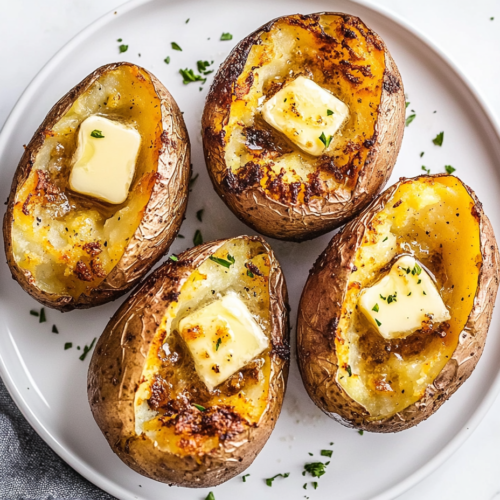 This image shows golden-brown, half-cut air fryer baked potatoes with crispy skin, topped with melting butter and fresh herbs, ready to be served.
