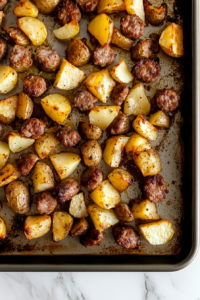 This image shows a baking sheet with potatoes and kielbasa being placed back into the oven for additional roasting