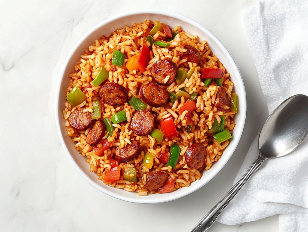 this image shows A round white bowl filled with Popeye Cajun Rice, featuring tender rice, seasoned meat, beans, and a flavorful sauce, all mixed together for a vibrant and hearty dish.