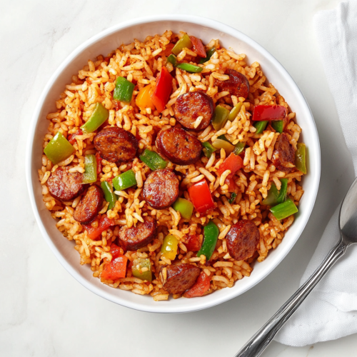 this image shows A round white bowl filled with Popeye Cajun Rice, featuring tender rice, seasoned meat, beans, and a flavorful sauce, all mixed together for a vibrant and hearty dish.