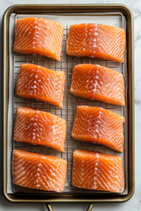 This image shows the brined salmon fillet resting on a wire rack, allowing air circulation for even smoking and a perfectly textured finish.