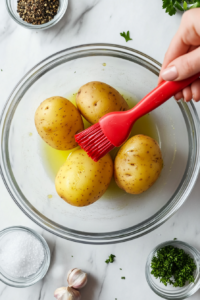 This image shows whole russet potatoes being coated with oil, salt, and seasoning, ensuring a crispy, flavorful crust as they bake.