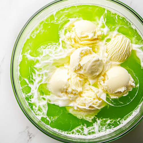 This image shows a vibrant green Potion Punch served in a glass, topped with a creamy scoop of vanilla ice cream. The drink has a mystical, bubbly appearance, making it perfect for themed parties and festive occasions.
