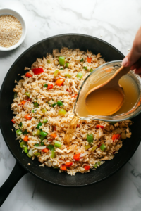 This image shows chicken broth being poured into the pan, adding moisture and flavor to the rice mixture.