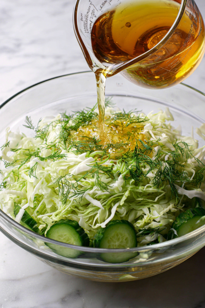 pouring-salad-dressing-over-vegetables-in-glass-bowl-white-marble