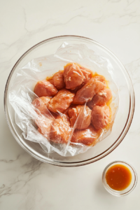 This image shows a bowl of marinated chicken resting, allowing the spices to fully penetrate and tenderize the meat. The thick coating clings to the chicken, ensuring a juicy and flavorful bite after cooking.