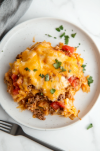 This image shows a freshly cooked scoop of cheesy taco hashbrown casserole being served onto a plate. The melted cheese stretches beautifully, and the dish is packed with savory flavors.