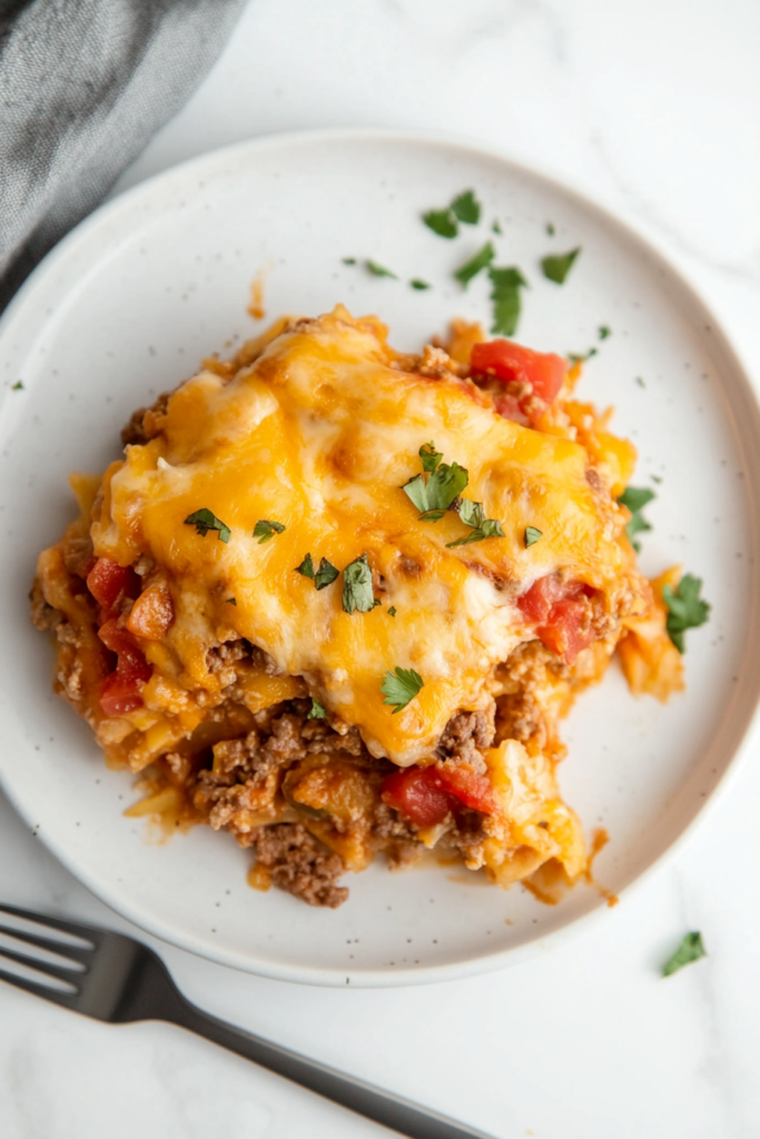 This image shows a freshly cooked scoop of cheesy taco hashbrown casserole being served onto a plate. The melted cheese stretches beautifully, and the dish is packed with savory flavors.
