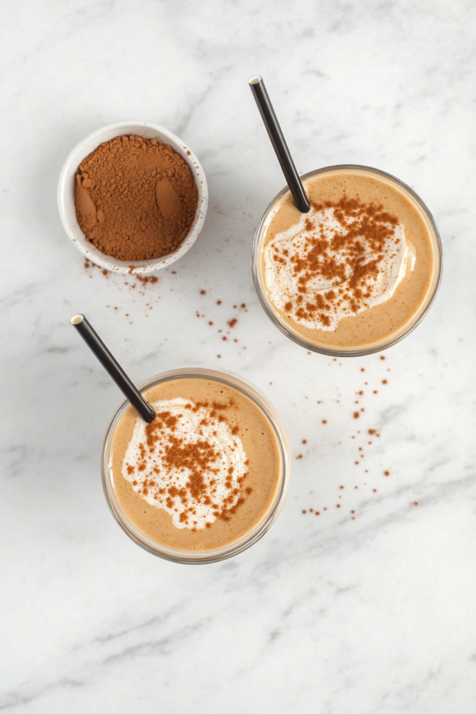 serving-delicious-chocolate-peanut-butter-smoothie-in-glasses-with-garnish-top-down-view