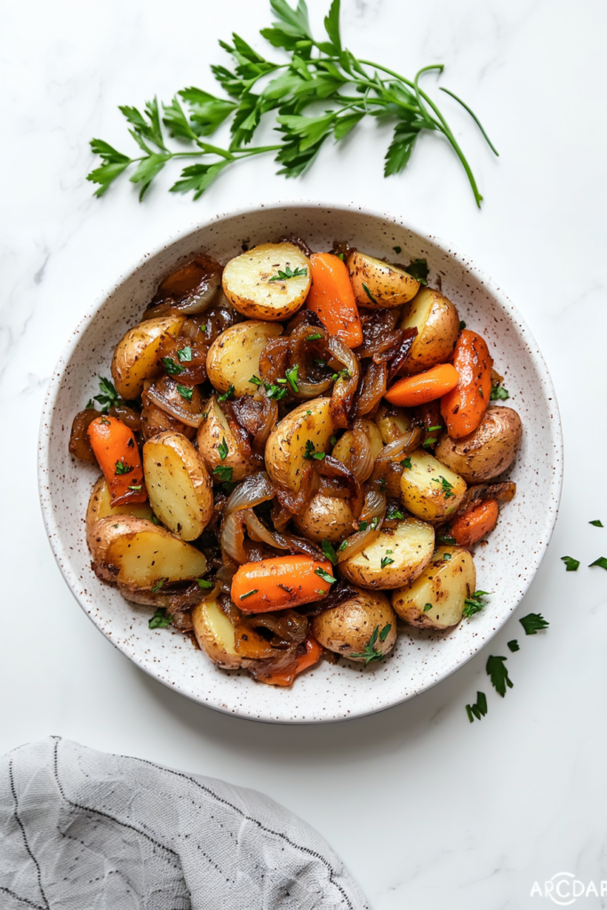 This image shows a plate of Instant Pot potatoes and carrots, garnished with fresh chopped cilantro and ready to serve.
