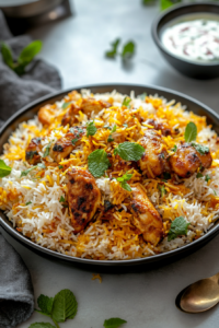 This image shows a beautifully plated serving of Chicken 65 Biryani, with each grain of rice infused with the spicy chicken and aromatic spices. The dish is garnished with fresh herbs and served with cooling raita on the side.