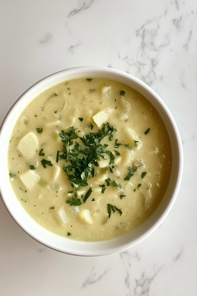 This image would show a pot of potato leek soup gently simmering, with cream being stirred in to create a velvety texture.