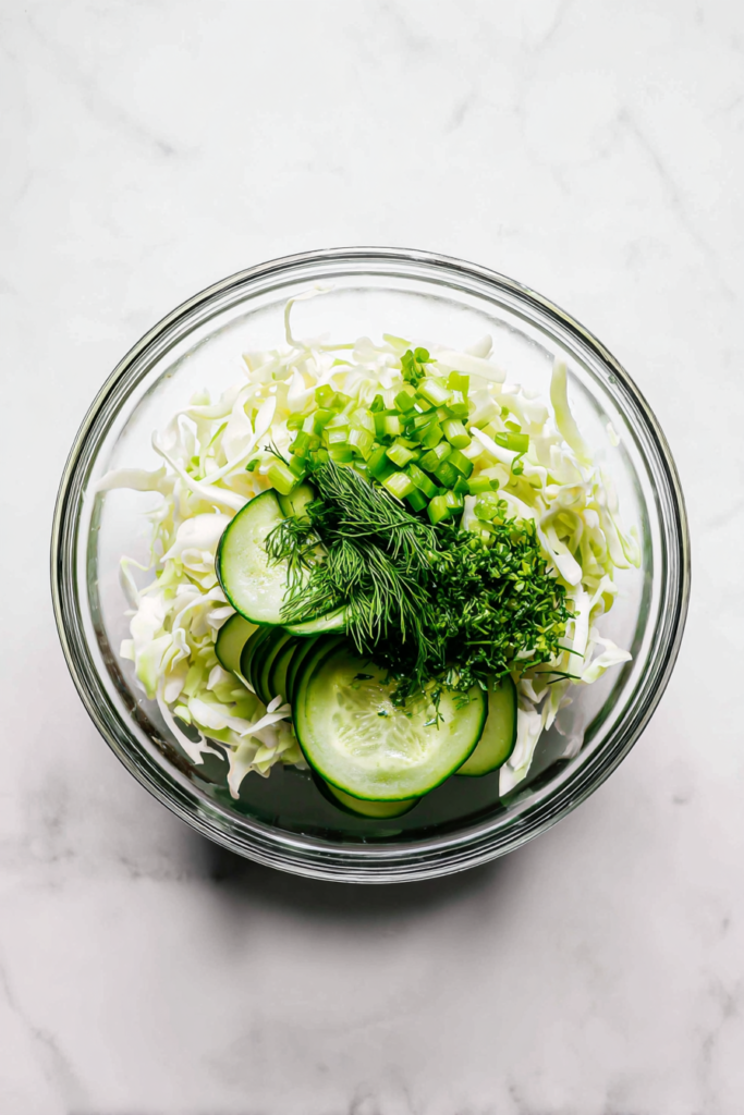 sliced-cucumbers-chopped-dill-onion-in-glass-bowl-cabbage-salad