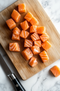 This image shows a fresh salmon fillet being carefully cut into bite-sized pieces, ensuring even cooking and a perfect texture.
