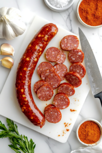 This image shows a cutting board with kielbasa being sliced into thick rounds, ready to be added to the roasted potatoes