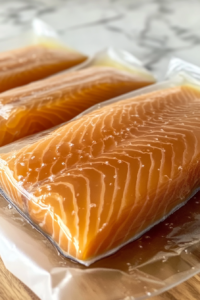 This image shows a fresh salmon fillet being fully submerged in a seasoned brine, ensuring maximum flavor absorption before smoking.