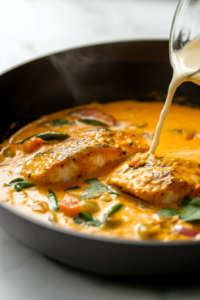 This image shows creamy coconut milk being poured into the curry, instantly lightening the color and adding a velvety smooth consistency. The coconut milk balances the heat of the spices with its natural sweetness.