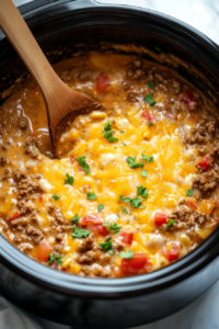 This image shows a spoon stirring the mixture inside the Crockpot, ensuring all ingredients are well combined for even cooking and maximum flavor in the casserole.